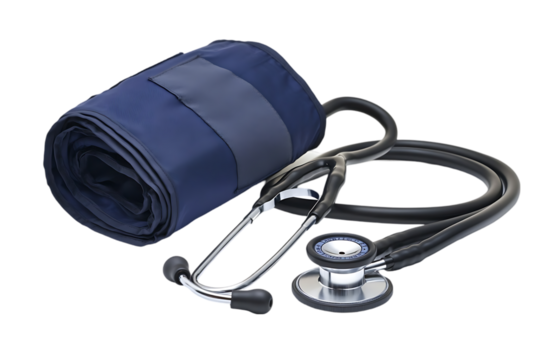 Medical equipment including a stethoscope and blood pressure cuff for health assessment.