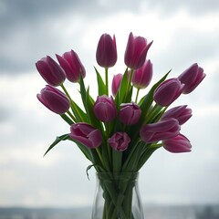 Fototapeta premium a bouquet of pink and purple tulips in a blue vase