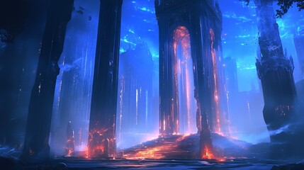 Glowing Ruins Ancient Temple Night Fantasy Scene