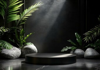 Dark Modern Minimalist Display Podium with Tropical Plants