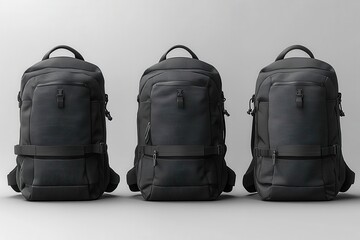 Fototapeta premium realistic mockups of a sleek modern black backpack displayed from multiple angles showcasing its design features textures and ergonomic aspects in a minimalist setting