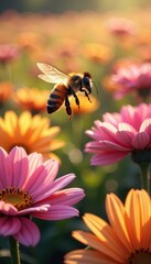 Honeybee in flight above a field of colorful blooms , white, botanical