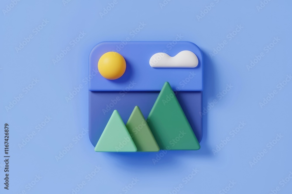 Aufkleber a minimalist 3d rendering of a landscape: sun, cloud, and mountains, represented by simple geometric