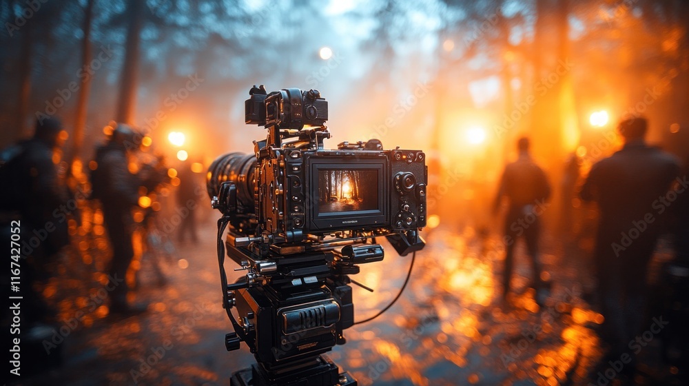 Poster camera setup in misty forest with glowing lights