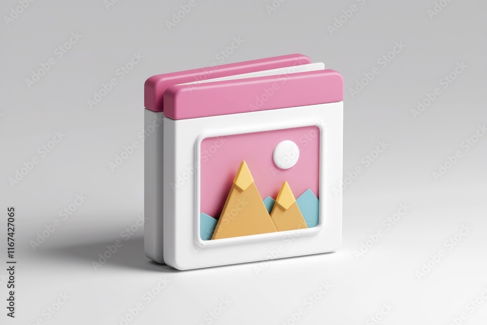 Poster a 3d render of a pink and white image icon depicting a minimalist mountain landscape.