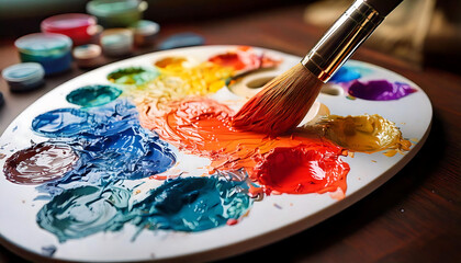 Obraz premium Vibrant close-up of an artist's palette brimming with richly textured oil paints. A paintbrush blends hues, capturing the creative process. Ideal for projects related to art, creativity, painting, and