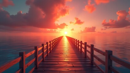 Obraz premium Vibrant Ocean Sunset with Illuminated Wooden Pier and Reflective Waters