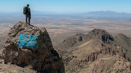 Hiker on mountain summit overlooking vast desert landscape.