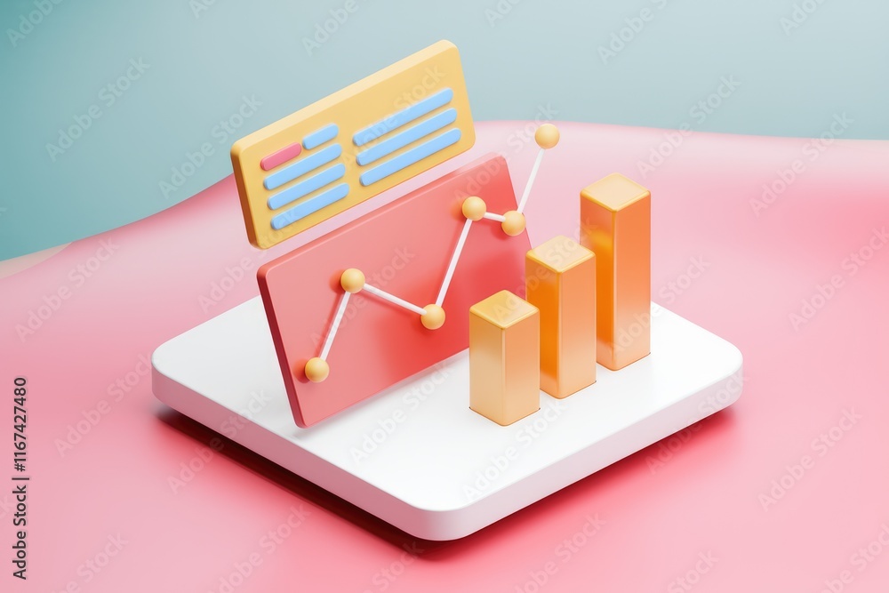 Aufkleber 3D illustration of data visualization with line graph and bar chart showing growth and progress.