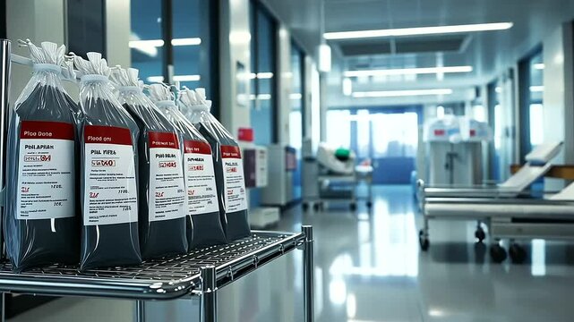 Plasma bags with detailed labeling and serial numbers, arranged neatly on a cart beside an infusion chair in a modern hospital setting