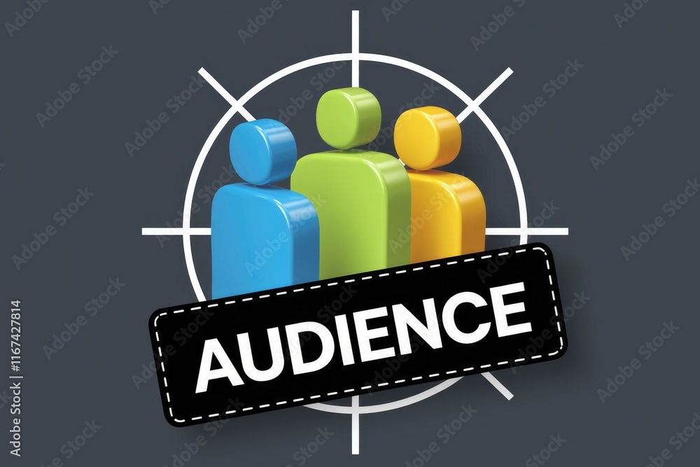 Aufkleber targeted audience represented by three colorful 3d figures within a crosshair.