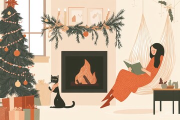 Enjoying the Christmas winter holiday, a cartoon illustration shows a young woman comfortably seated in a fireside armchair, engrossed in a book. The living room is filled with warmth and holiday