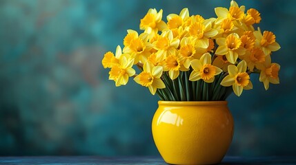 A vase of yellow flowers sits on a table
