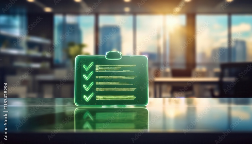 Poster a digital checklist with green checkmarks sits on a reflective surface in a bright office, symbolizi