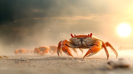 Fototapeta premium Surreal and dreamy scene of crabs congregating on a sun drenched beach their intricate social interactions mediated by the release of pheromones captured in a soft