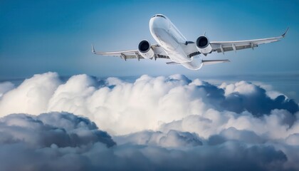 Obraz premium A modern airplane soars above fluffy clouds against a clear sky, highlighting the beauty of air travel.