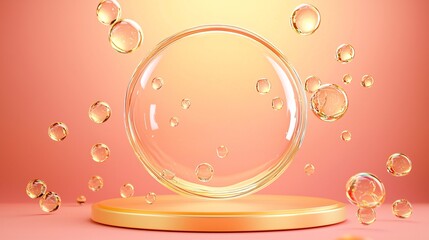 Golden Bubbles Abstract Background 3D Render Orange Product Display Cosmetic Beauty Skincare Shiny
