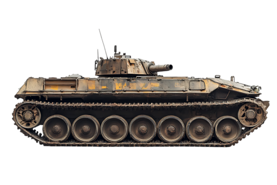 Side profile of a weathered military tank on a black background.