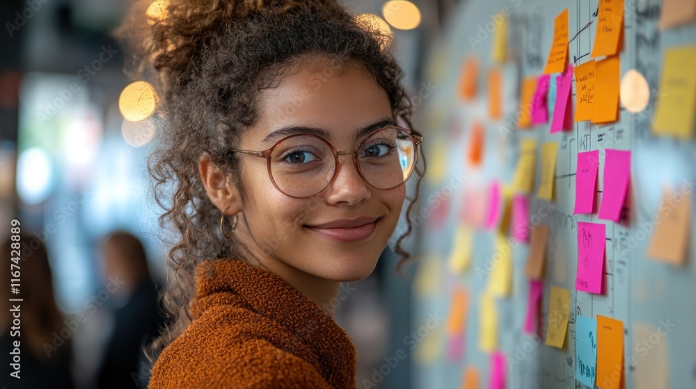 Poster smiling individual near colorful sticky notes in workspace