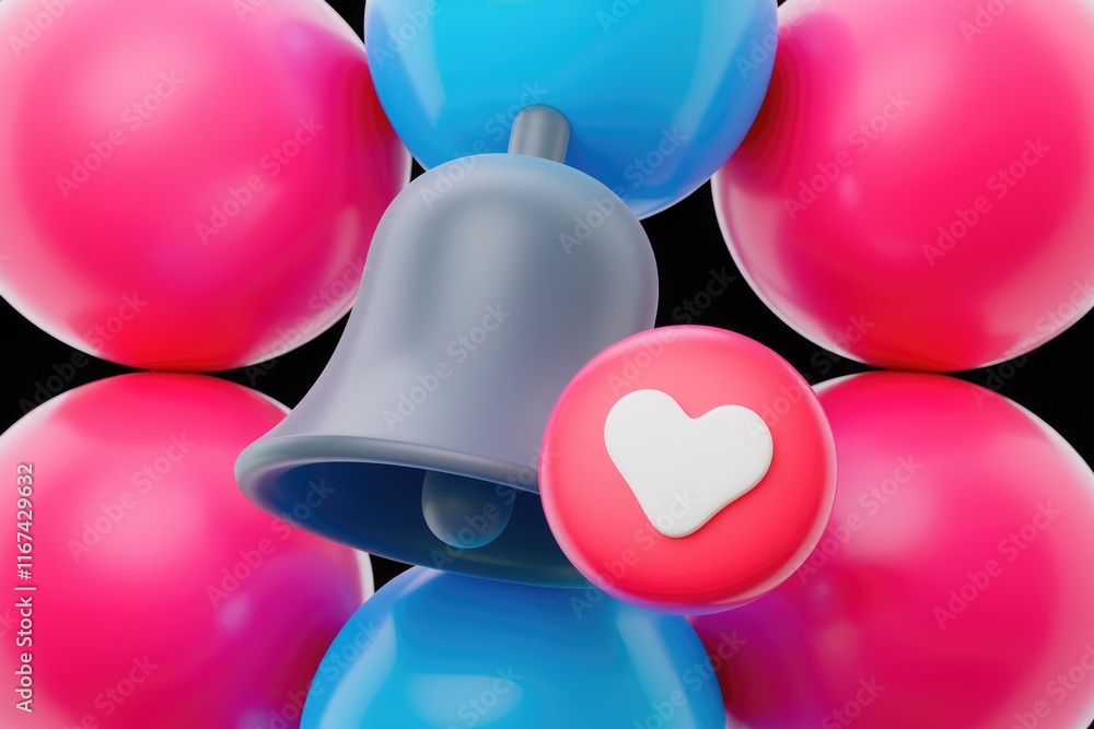 Poster 3d render of a bell notification with a heart icon, surrounded by colorful spheres.