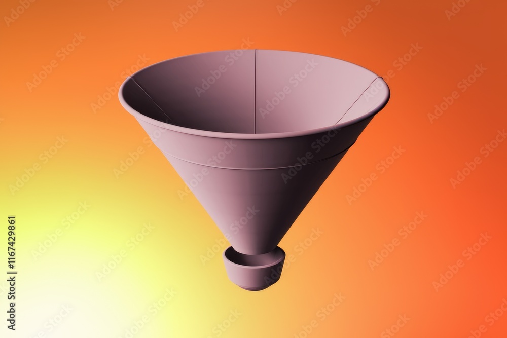 Poster a 3d rendering of a mauve funnel against an orange gradient background.