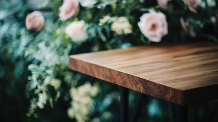 wooden table surface with pink roses blurred in the background
