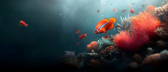 Obraz premium Lush coral habitat filled with intricate skeletal structures and glowing neon hues responsive to pheromone triggers