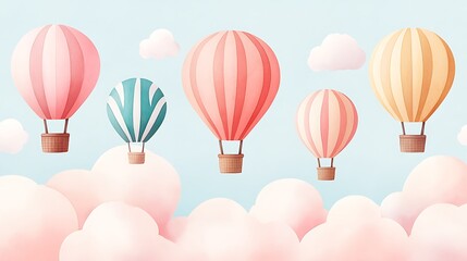 Artistic balloon depiction, Whimsical Watercolor of a Hot Air Balloon Festival with Pastel Balloons, floating balloons in pastel hues. AI generated