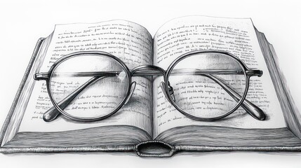 A pair of glasses resting on an open book, emphasizing reading and knowledge.