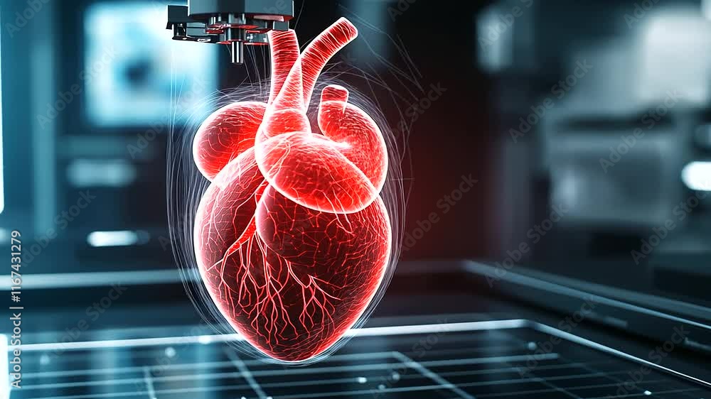 Poster a cross-sectional view of a d bioprinter printing a heart in layers, with visible details of veins a