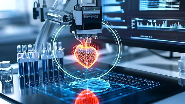 A modern bioprinting setup with a heart being printed in intricate detail, surrounded by tubes of bio-ink and holographic data projections