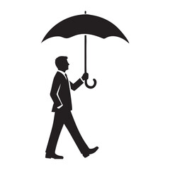 Suit and Tie Man Walking Silhouette with Umbrella Illustration