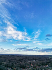 Fototapeta premium Downtown Central Welwyn Garden City of England Great Britain. Aerial Footage Was Captured with Drone's Camera on March 1st, 2024 from Medium High Altitude During Windy Day and Sunset Time.