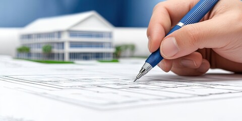 architect concept with hand of an architect holding pen and drawing blueprint with 3D model background