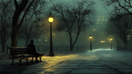 Lonely man sitting on a bench in a rainy city park at night