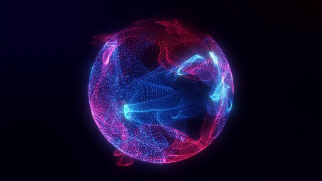 Glowing and rotating particle energy sphere sphere in the space.Abstract technology, science and futuristic. Abstract ball animation with red and blue parts.  