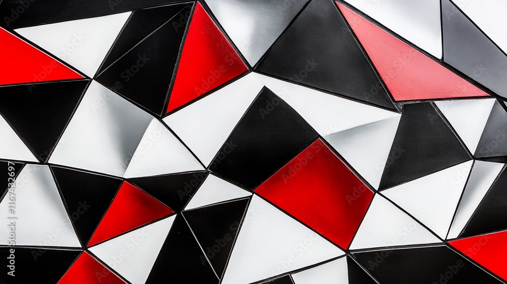 Poster abstract geometric background with red, black, and white triangular patterns.