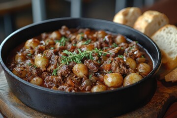 savory beef bourguignon artfully served in a cast iron pot accompanied by crusty bread showcasing a rich and hearty meal that embodies comfort food at its finest in an inviting kitchen setting