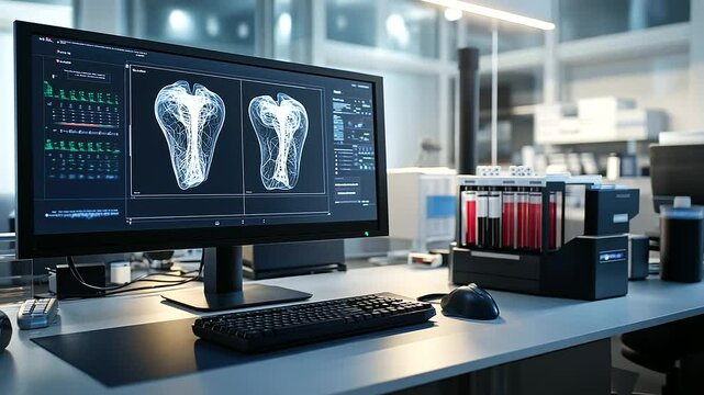 A high-tech workstation displaying a newly D-printed pancreas alongside bio-ink cartridges and holographic screens showing its internal structure
