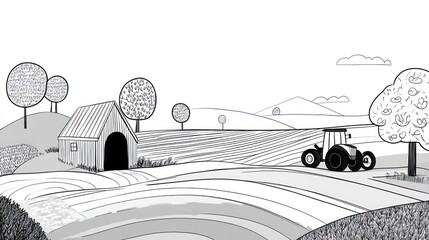 Tractor in a Rolling Hills Farm Landscape