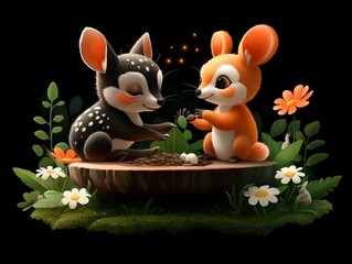 Intimate interplay of small forest animals communicating through subtle body language and pheromone signals set against a lush verdant undergrowth backdrop with dappled sunlight