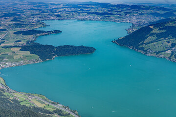 aerial panorama view from Rigi Kulm over lake Zug and village Arth in Canton Zug, Switzerland, Europe on a sunny summer day