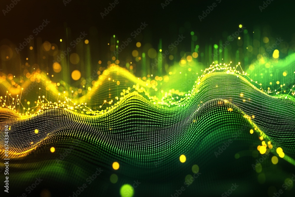 Poster abstract green gold data wave background digital technology network connection energy futuristic