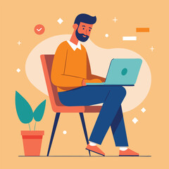 man working on his laptop, vector illustration	
