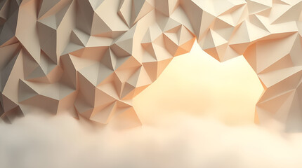 A 3D modern interior mural wallpaper in an intricate origami style, featuring a soft, dreamy atmosphere. The image depicts folded paper, geometric precision, and hazy soft light within a thick fog.