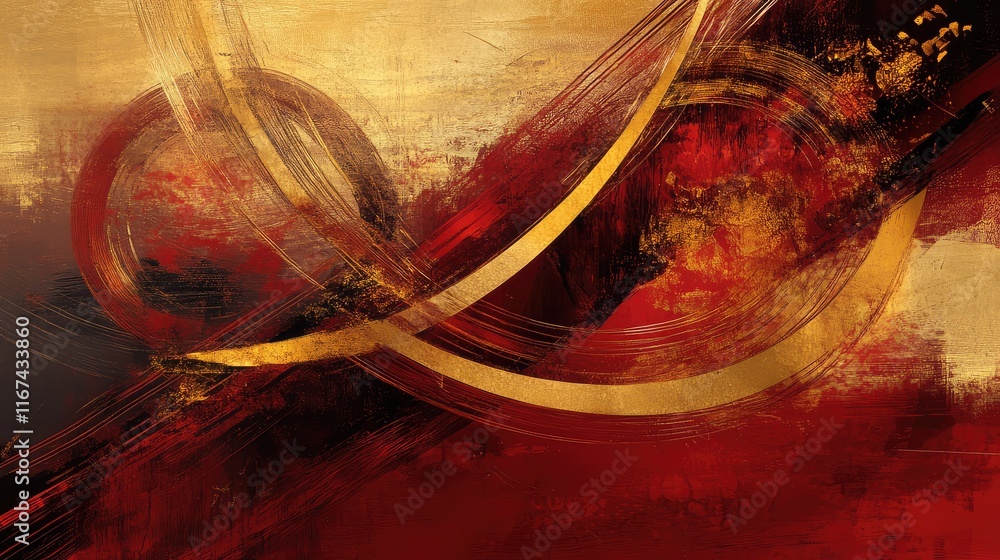 Poster abstract composition of feng shui elements like the bagua and flowing lines in rich red and gold ton