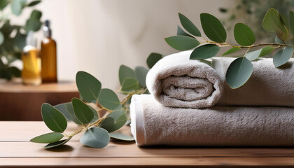 relaxing spa scene with eucalyptus leaves and towels close up photo with clean background