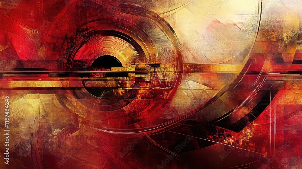 Poster abstract composition of feng shui elements like the bagua and flowing lines in rich red and gold ton