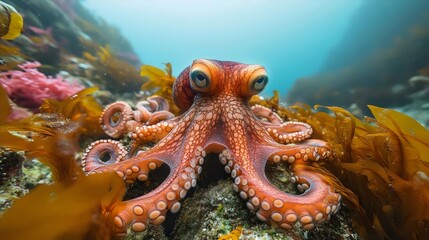 A large orange octopus is swimming in the ocean