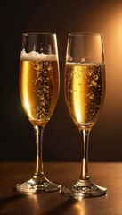 Two glasses filled with champagne, golden bubbles rising, cork, cold, elegant